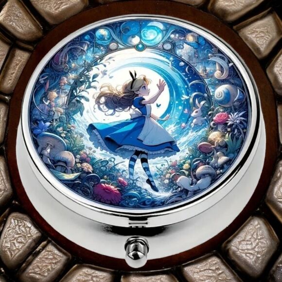 Alice in Wonderland Pill Box Medicine Mini Steel Case Mirrored Travel Purse Size - Picture 2 of 7